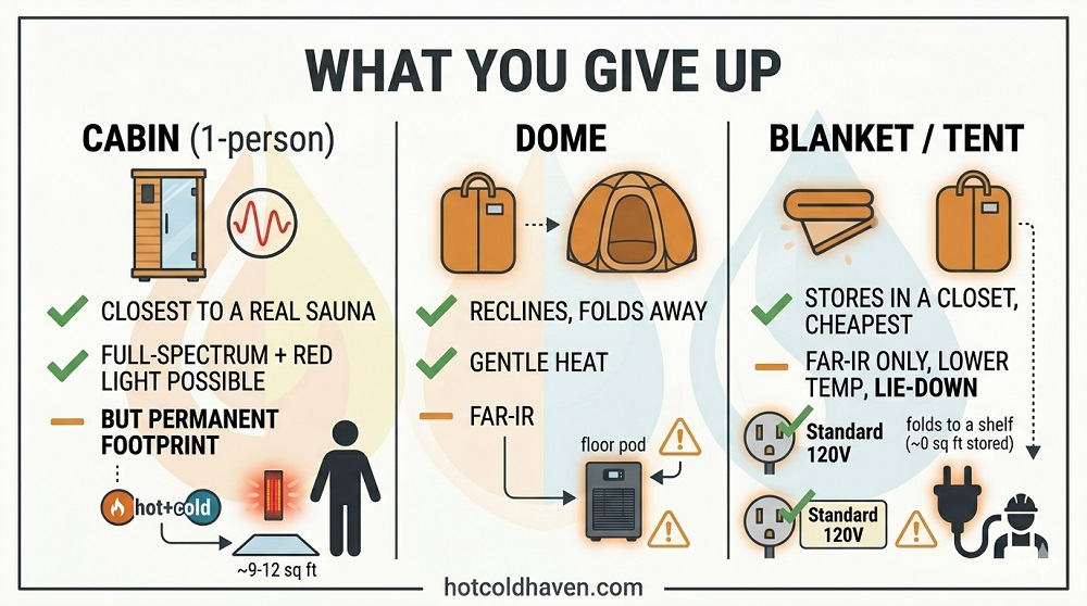 Infographic comparing small-space sauna formats and what each one trades off